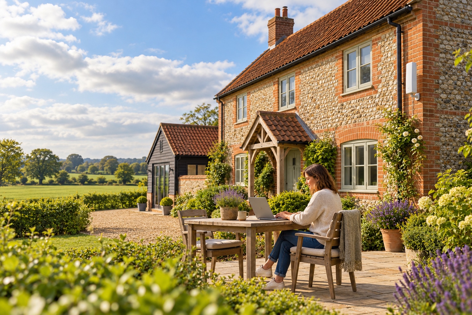 Illustrative rural home with a person using a laptop on the patio and an outdoor broadband router on the wall