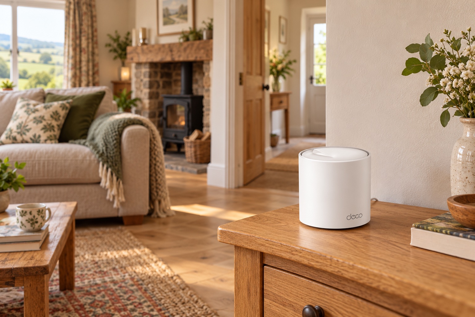 Illustrative TP-Link Deco on a side table beside an internal wall in a rural living room