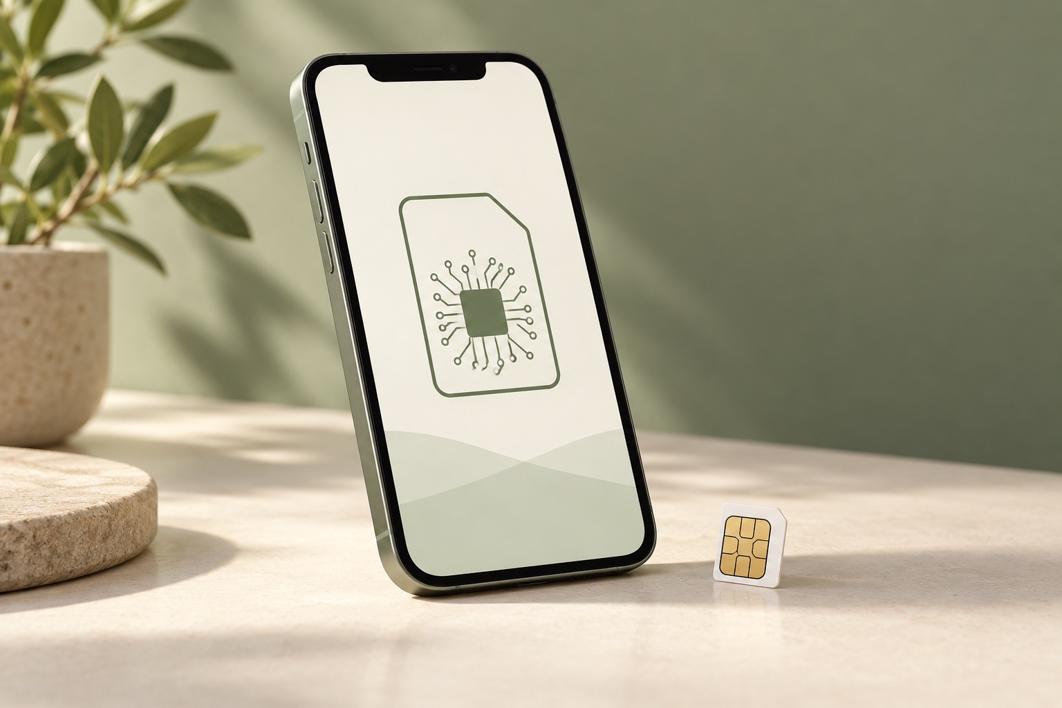Conceptual eSIM illustration on a smartphone beside a physical SIM card