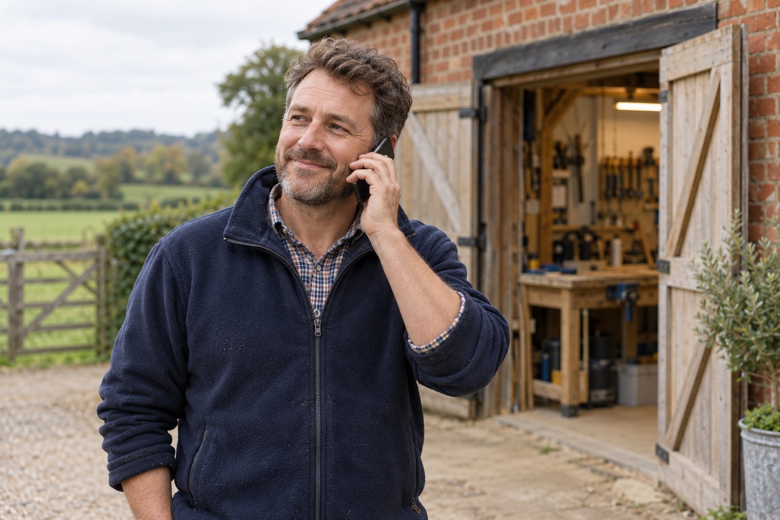 Illustrative rural business owner taking a mobile call outside a workshop