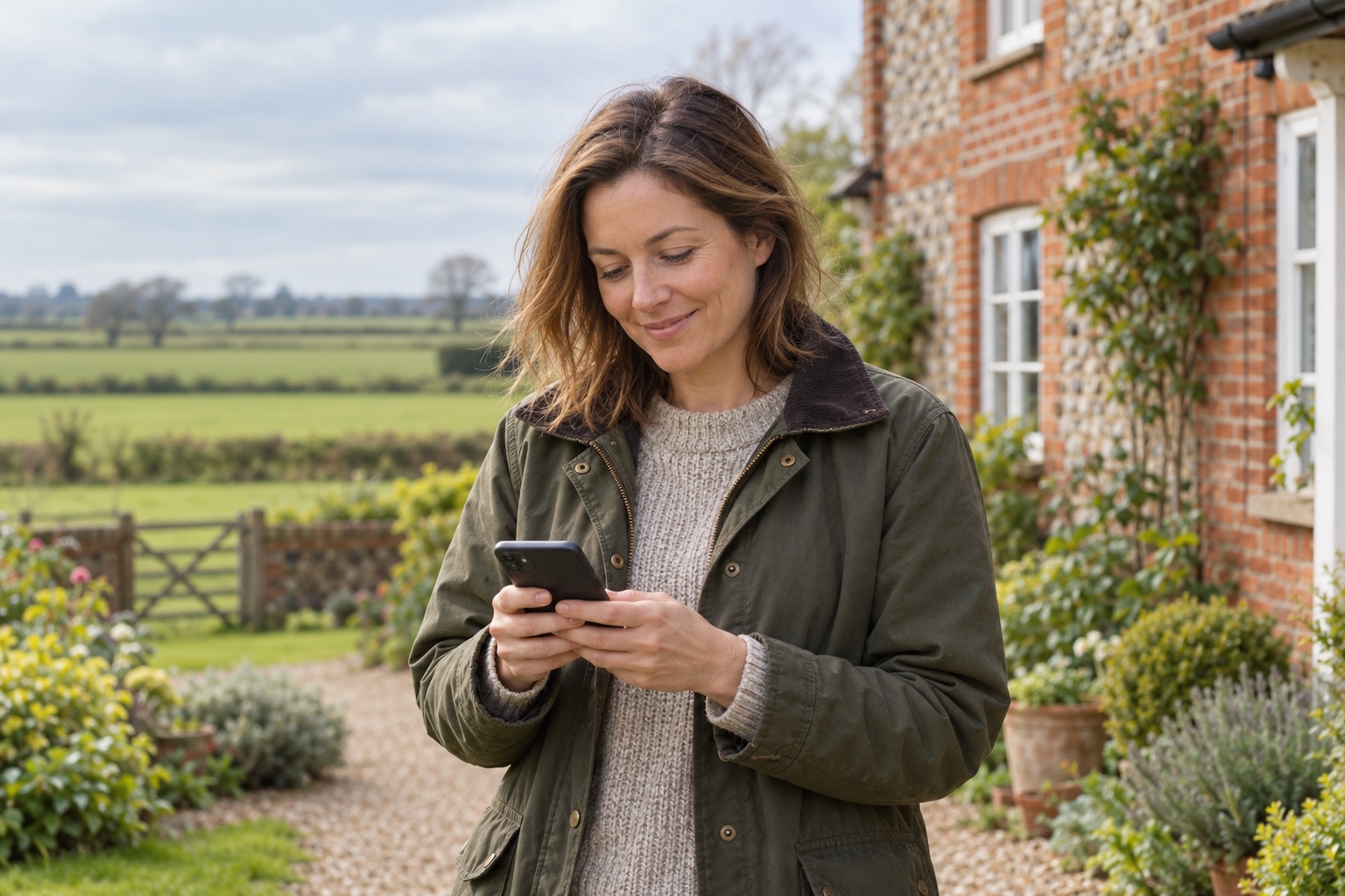 Illustrative woman using a smartphone outside a Norfolk farmhouse